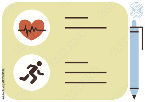 Wallpaper Mural Heartbeat icon, running figure, pen, and document highlight health, fitness tracking, lifestyle monitoring. Ideal for wellness, diagnostics, exercise plans health records medical forms biometric Torontodigital.ca