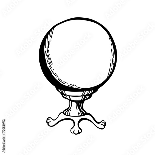 A magic ball on a stand with cat-paw feet. Vector illustration for cards, invitations, stickers, notepads, notebooks, and albums.
