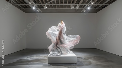 Elegant fashion art installation of flowing fabric dress displayed on mannequin in modern gallery, contemporary textile sculpture blending couture design with abstract artistic expression