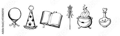 A set of magical attributes for a witch: a fortune-telling ball, hat, book, wand, cauldron, and potion. Vector illustration for cards, invitations, stickers, notepads, notebooks, and albums.