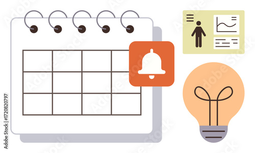Calendar with bell notification, lightbulb, and analysis charts on dashboard. Ideal for time management, innovation, planning, scheduling, reminders productivity and conceptual thinking. Simple