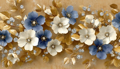 A detailed arrangement of  cream and blue flowers with golden leaves and crystal accents,  creating an elegant and luxurious floral design on a textured background.