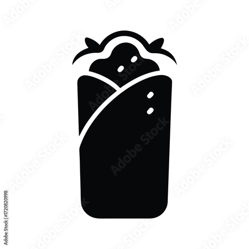 Simple black solid silhouette icon representing a burrito ideal for food related branding and digital applications