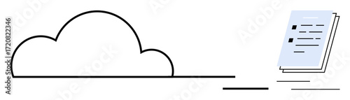 Cloud silhouette connected with flying stack of documents, representing cloud storage, data sharing, remote access, digital workflow, technology management, paperless solutions. Ideal for tech