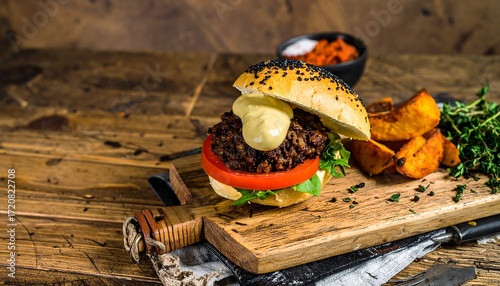 Gourmet burger on wooden board with roasted potatoes