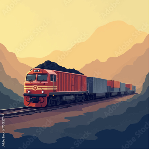 Freight Train Journey Through Mountainous Terrain During Sunset - Transportation