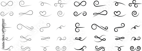Swirl ornament flourish decoration divider icon set vintage calligraphy curl scroll embellishment bundle, elegant border corner design isolated transparent background.