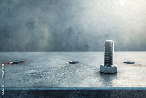 Single metal bolt on industrial steel surface with light