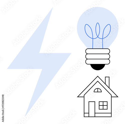 Lightning bolt next to light bulb and simple house icon. Ideal for energy, electricity, sustainability, renewable power, innovation, home systems, conservation. Minimalist flat metaphor