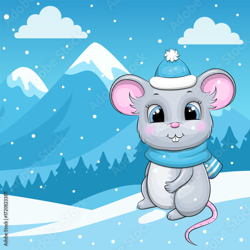 Cute cartoon mouse with blue hat and scarf in winter. Vector Illustration of Animal in nature on a blue background with snow.