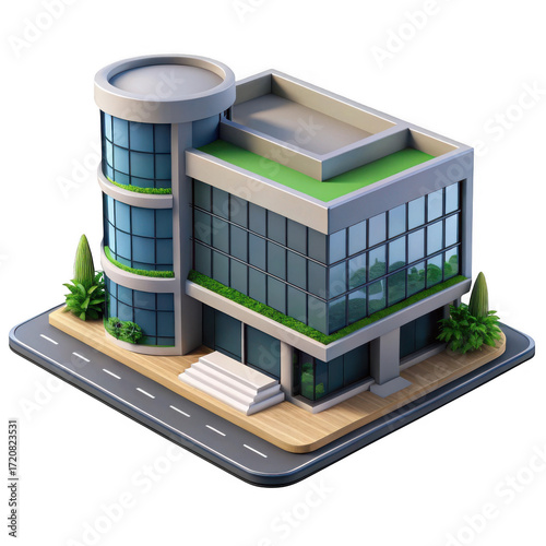 3d modern office building with green roof isolated on transparent background