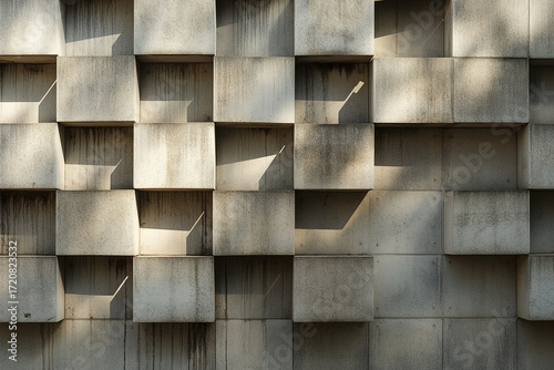 Brutalist concrete wall with geometric shadows and texture