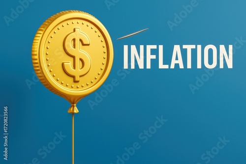 A gold balloon shaped like a dollar coin floats near a needle beside the word 