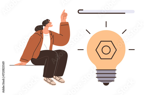 Woman sitting and pointing upward at glowing lightbulb with hexagon detail. Ideal for creativity, innovation, brainstorming, ideas, problem-solving, vision, inspiration. Simple flat metaphor
