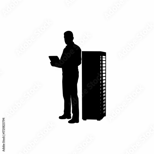 It technician silhouette with tablet in front of server racks