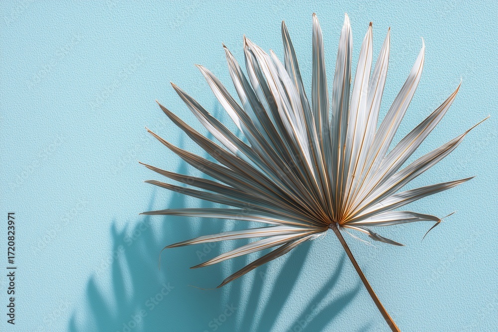 Naklejka premium Single palm leaf with detailed veins casting shadow on pastel mint background in soft light