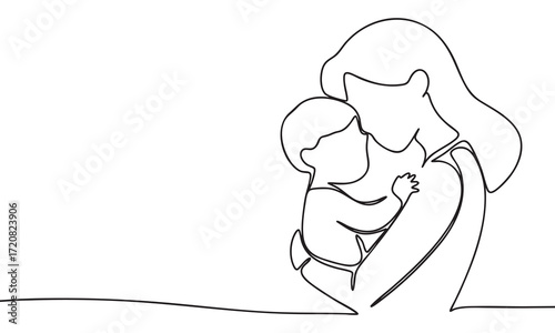 Mother holding baby in one line art