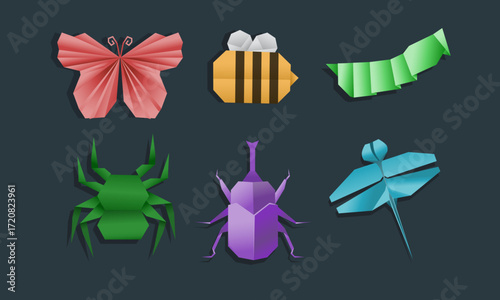 Origami Insects Illustration Set Colorful Paper Butterfly, Bee, Caterpillar, Spider, Beetle, Dragonfly

