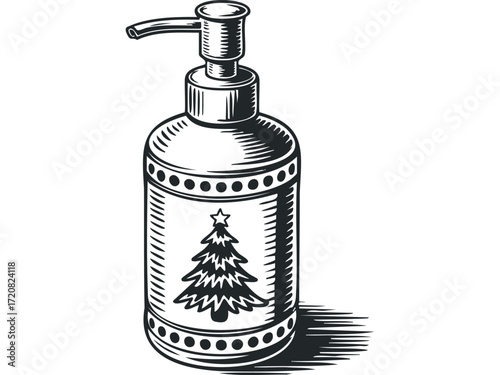 Christmas themed soap dispenser with fir tree motif. Vector hand drawn illustration
