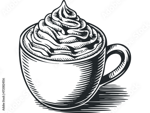 Cup of hot beverage with whipped cream topping. Vector hand drawn illustration