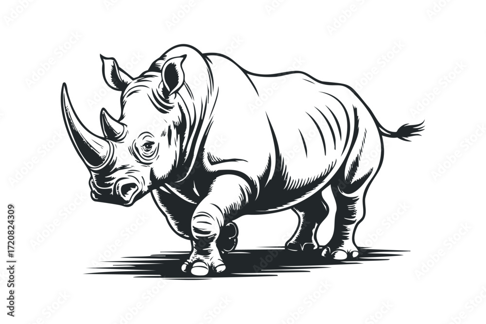 Fototapeta premium Powerful Rhinoceros Walking Across White Background. Vector hand drawn illustration