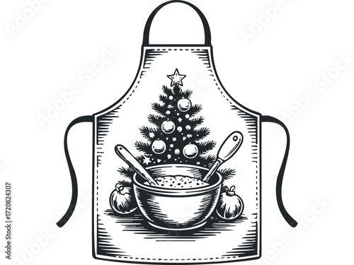 Christmas apron with baking bowl and tree. Vector hand drawn illustration