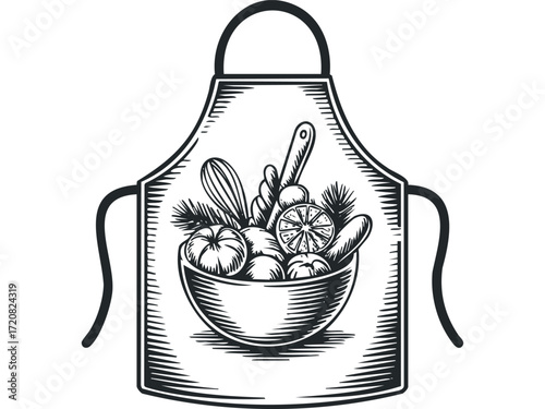Cook apron with bowl of fresh ingredients. Vector hand drawn illustration