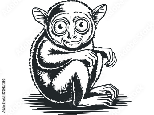 Tarsier primate seated pose with large eyes. Vector hand drawn illustration