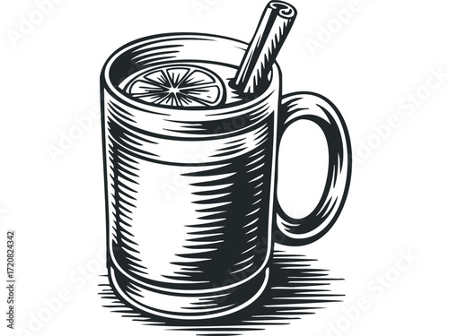 Hot Beverage Mug With Citrus Slice And Cinnamon Stick. Vector hand drawn illustration