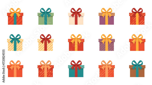 Vibrant collection of diverse gift boxes with festive ribbons and bows, perfect for celebrating holidays, birthdays, and special occasions with joy and excitement.