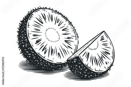 Half and slice of dragon fruit with texture. Vector hand drawn illustration