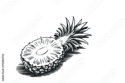 Halved Pineapple Fruit with Leafy Crown and Cross Section. Vector hand drawn illustration