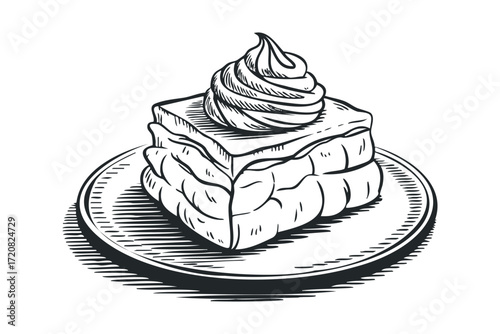 Layered dessert with cream swirl on plate. Vector hand drawn illustration