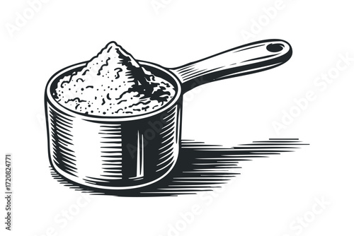 Scoop filled with granular powder casting shadow. Vector hand drawn illustration
