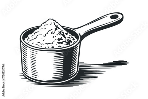 Scoop filled with powdered substance casting shadow. Vector hand drawn illustration