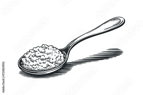 Spoon filled with granular substance in woodcut style. Vector hand drawn illustration