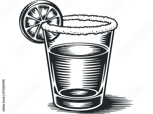 Tequila shot with salt rim and lime slice. Vector hand drawn illustration