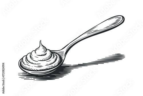 Spoon with Creamy Substance and Shadow. Vector hand drawn illustration
