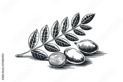 Hand drawn branch with leaves and fruits. Vector hand drawn illustration