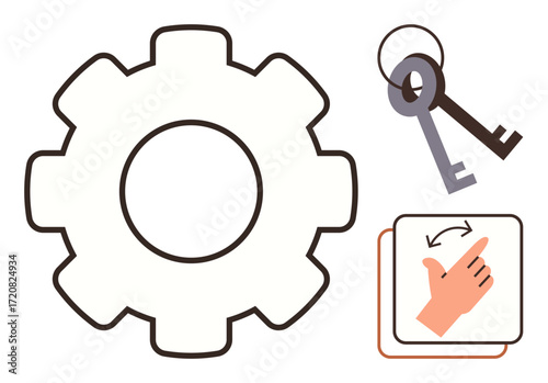 Gear symbolizing process, two keys indicating access, finger swipe gesture illustrating movement. Ideal for usability, access control, technology, process optimization, navigation, app development