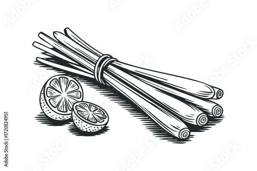Bunch of lemongrass stalks with sliced citrus fruit. Vector hand drawn illustration