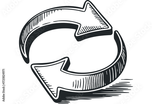 Hand drawn circular arrow symbol with hatching. Vector hand drawn illustration