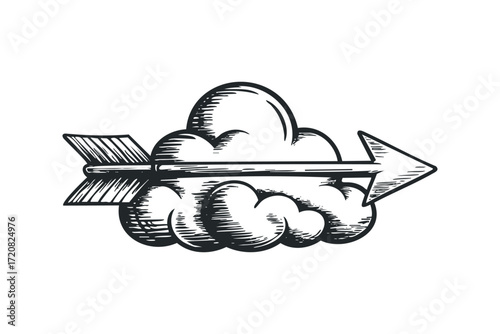 Arrow piercing through stylized cloud shape. Vector hand drawn illustration