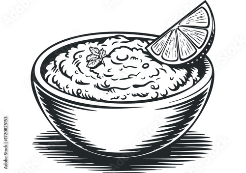Bowl of Guacamole with Lime Slice and Garnish. Vector hand drawn illustration