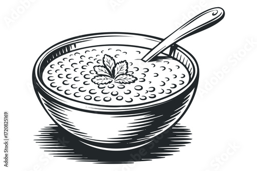 Bowl of soup with parsley and spoon. Vector hand drawn illustration