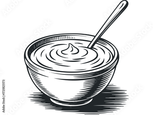 Bowl of Creamy Sauce with Spoon. Vector hand drawn illustration