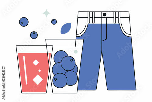 Blue pants with blueberries in glass and red drink create playful summer vibe