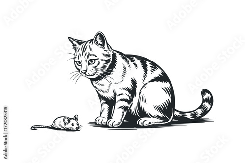 Tabby cat and mouse in intense stare. Vector hand drawn illustration