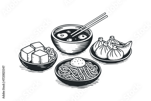 Asian Food Composition with Noodles and Dumplings. Vector hand drawn illustration