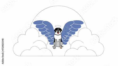 Rottweiler dog with angel wings and halo sitting peacefully among clouds in heaven